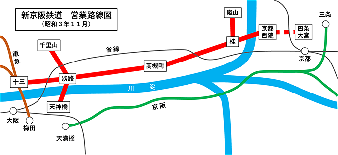 新京阪鉄道　営業路線図（昭和3年11月）